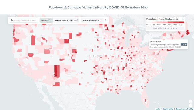 В Facebook разработали карту с данными людей с подозрением на COVID-19