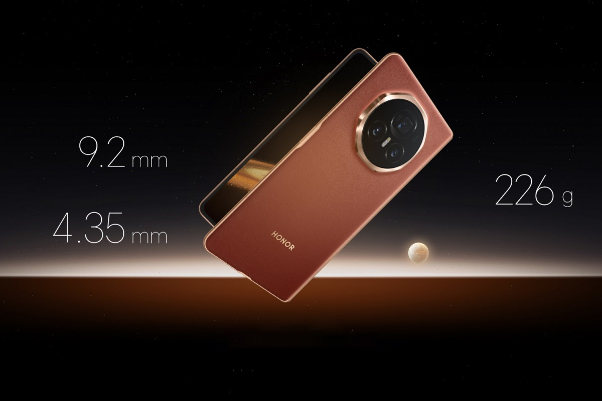 Honor Magic V3, Π·ΠΎΠ»ΠΎΡΠΈΡΡΡΠΉ, Π΄Π²Π° ΡΠΊΡΠ°Π½Π° (7.92, 6.43), ΡΠΎΠ»ΡΠΈΠ½Π° 9.2/4.35 ΠΌΠΌ, Π²Π΅Ρ 226 Π³.