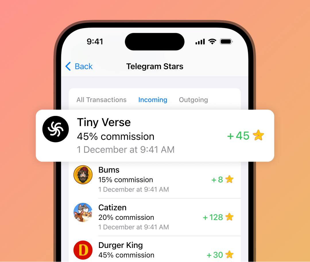 ΠΠΊΡΠ°Π½ Telegram Stars: Π²Π²Π΅ΡΡ
Ρ β Π»ΠΎΠ³ΠΎΡΠΈΠΏ ΠΈ Π½Π°Π·Π²Π°Π½ΠΈΠ΅, Π½ΠΈΠΆΠ΅ Π²ΠΊΠ»Π°Π΄ΠΊΠΈ Β«ΠΡΠ΅Β», Β«ΠΡ
ΠΎΠ΄ΡΡΠΈΠ΅Β», Β«ΠΡΡ
ΠΎΠ΄ΡΡΠΈΠ΅Β». ΠΠΎΠΊΠ°Π·Π°Π½Ρ ΠΊΠΎΠΌΠΈΡΡΠΈΠΈ 45%, 15%,