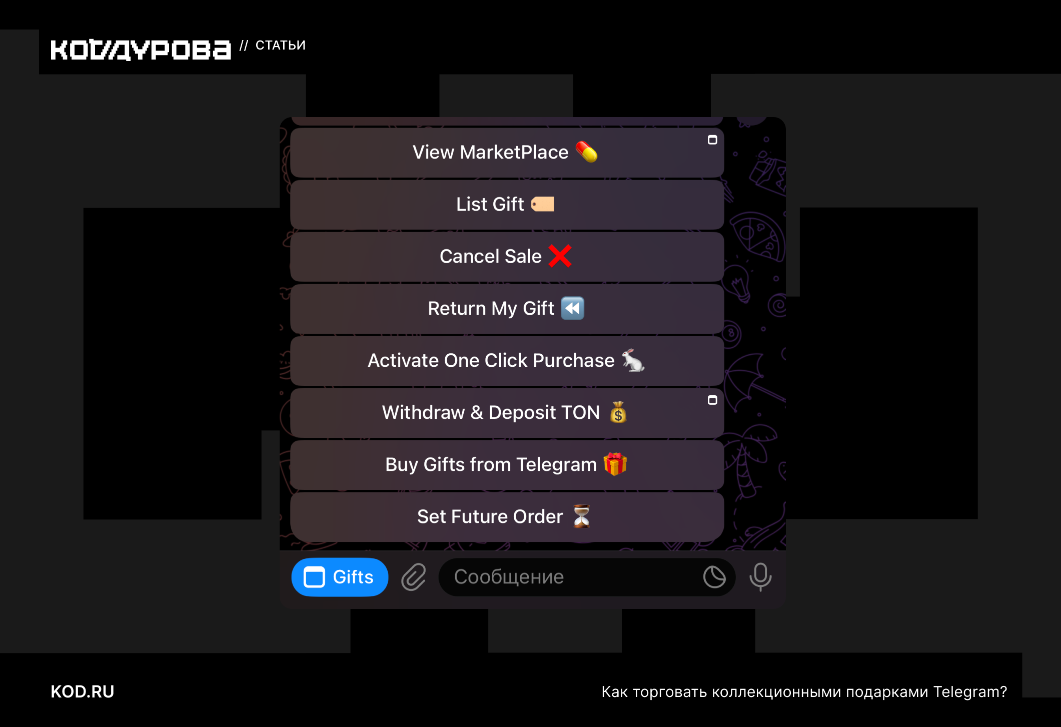 View Market
List Gift
Cancel Sale
Return Gift
Activate 1-Click Buy
TON Withdraw/Deposit
Buy TG Gifts
Set Future Order