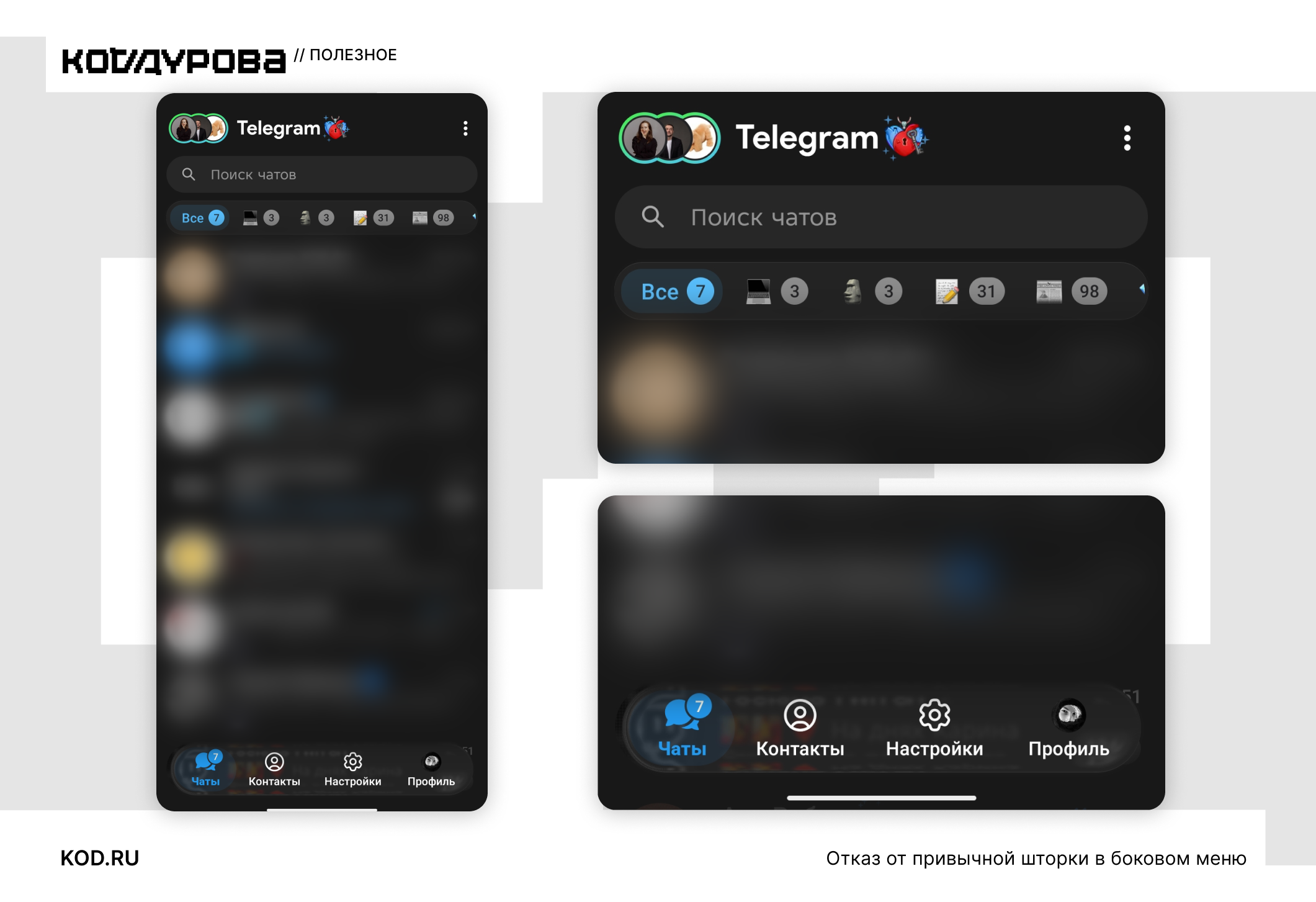 Π’ΡΠΈ ΡΠΊΡΠΈΠ½ΡΠΎΡΠ° Telegram: ΠΏΠΎΠΈΡΠΊ ΡΠ°ΡΠΎΠ², ΠΊΠ°ΡΠ΅Π³ΠΎΡΠΈΠΈ (ΠΡΠ΅, ΠΡΡ
ΠΈΠ²), Π½Π°Π²ΠΈΠ³Π°ΡΠΈΡ (Π§Π°ΡΡ, ΠΠΎΠ½ΡΠ°ΠΊΡΡ, ΠΠ°ΡΡΡΠΎΠΉΠΊΠΈ).
