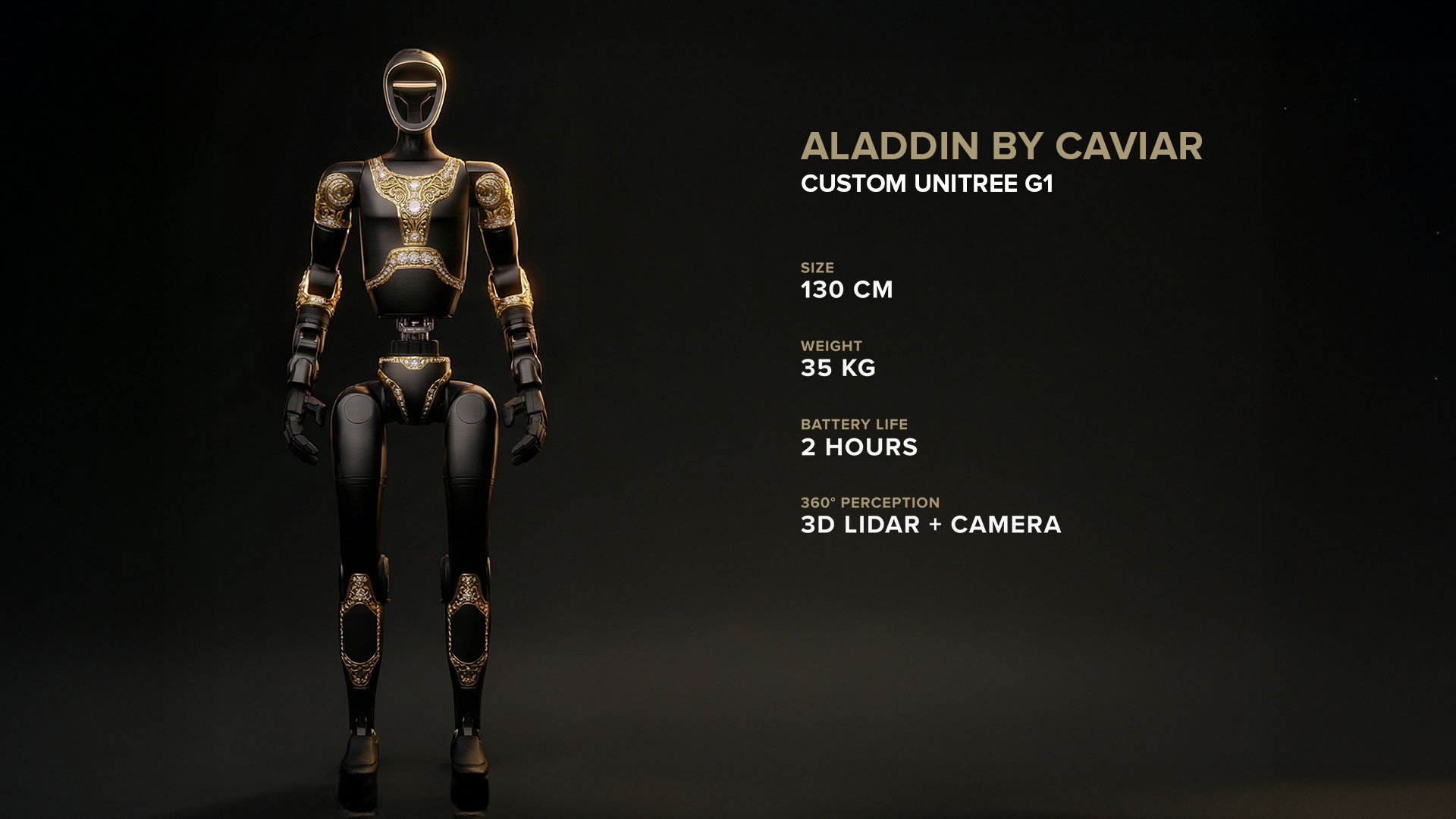 Π ΠΎΠ±ΠΎΡ Aladdin by Caviar, Custom Unitree G1, ΡΠ°Π·ΠΌΠ΅Ρ 130 ΡΠΌ, Π²Π΅Ρ 35 ΠΊΠ³, Π±Π°ΡΠ°ΡΠ΅Ρ Π½Π° 2 ΡΠ°ΡΠ°, 3D LiDAR + ΠΊΠ°ΠΌΠ΅ΡΠ°