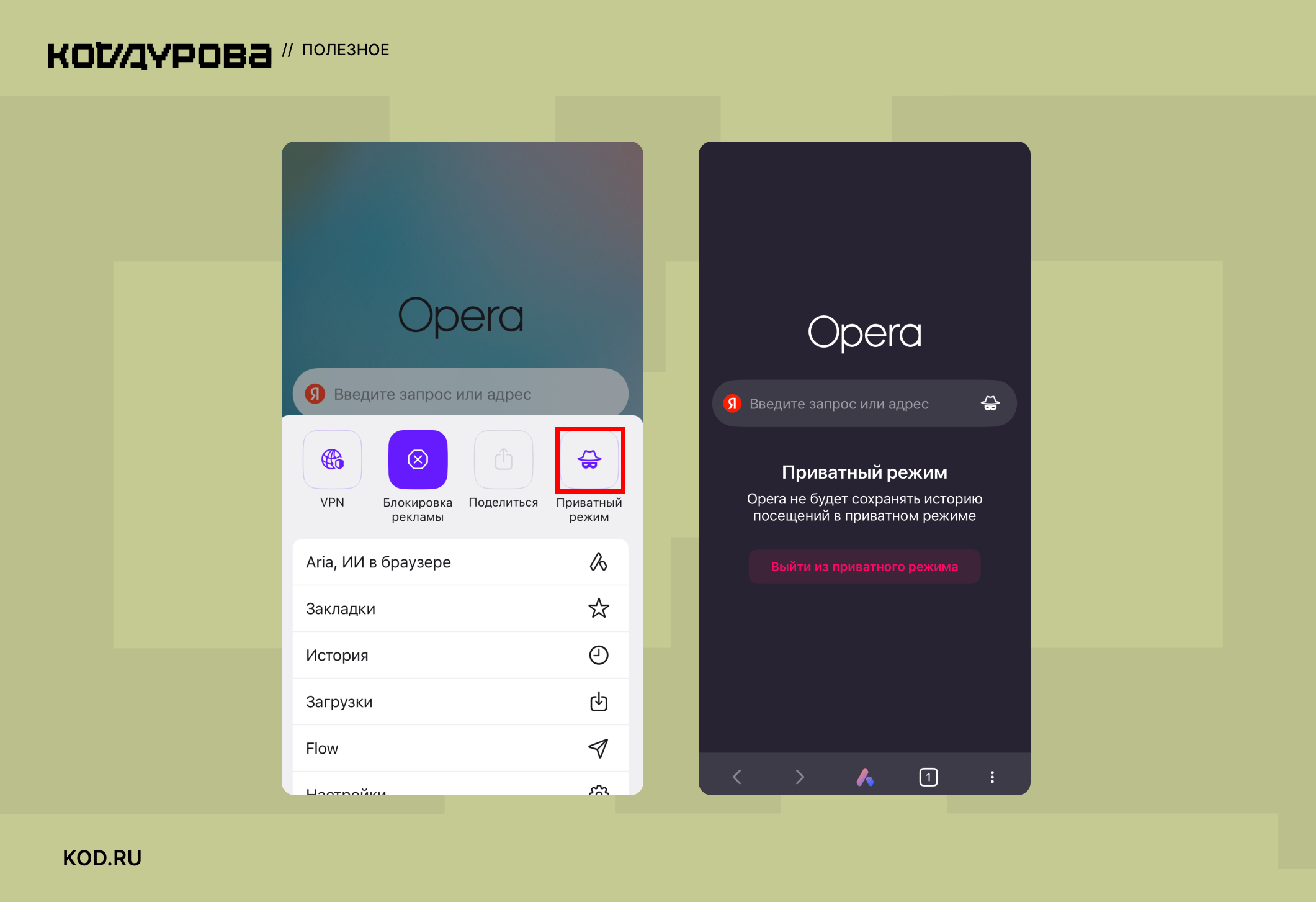 ΠΠ²Π° ΡΠΊΡΠΈΠ½ΡΠΎΡΠ° Opera: Π²ΡΠ±ΠΎΡ ΠΎΠΏΡΠΈΠΈ Β«ΠΡΠΈΠ²Π°ΡΠ½ΡΠΉ ΡΠ΅ΠΆΠΈΠΌΒ» ΠΈ Π΅Π³ΠΎ Π°ΠΊΡΠΈΠ²Π°ΡΠΈΡ Ρ ΡΠ²Π΅Π΄ΠΎΠΌΠ»Π΅Π½ΠΈΠ΅ΠΌ.
