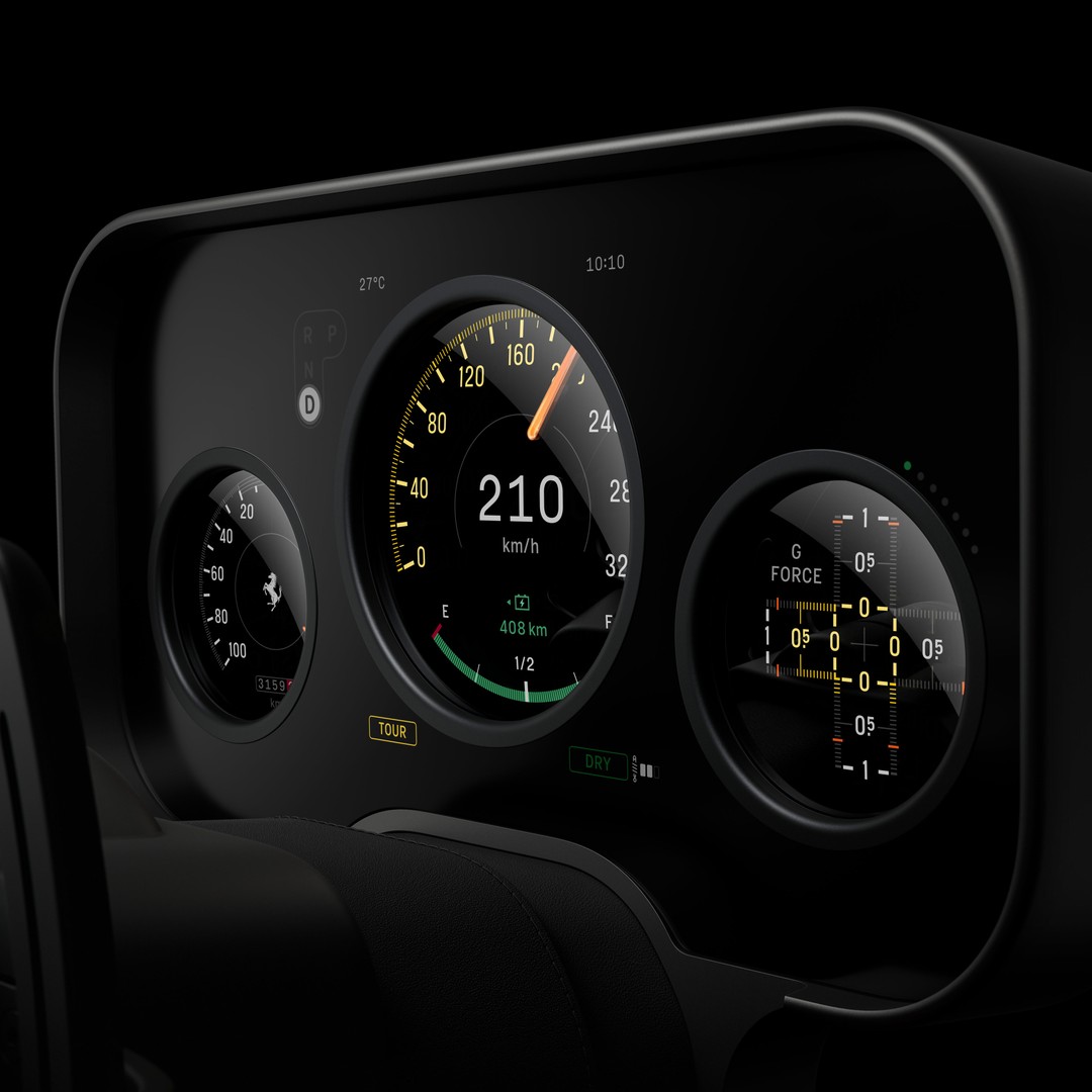 ΠΡΠΈΠ±ΠΎΡΠ½Π°Ρ ΠΏΠ°Π½Π΅Π»Ρ Ferrari Luce Ρ ΡΠ°Ρ
ΠΎΠΌΠ΅ΡΡΠΎΠΌ, ΡΠΏΠΈΠ΄ΠΎΠΌΠ΅ΡΡΠΎΠΌ, Π΄ΠΈΡΠΏΠ»Π΅Π΅ΠΌ ΠΈ ΠΈΠ½Π΄ΠΈΠΊΠ°ΡΠΎΡΠ°ΠΌΠΈ.