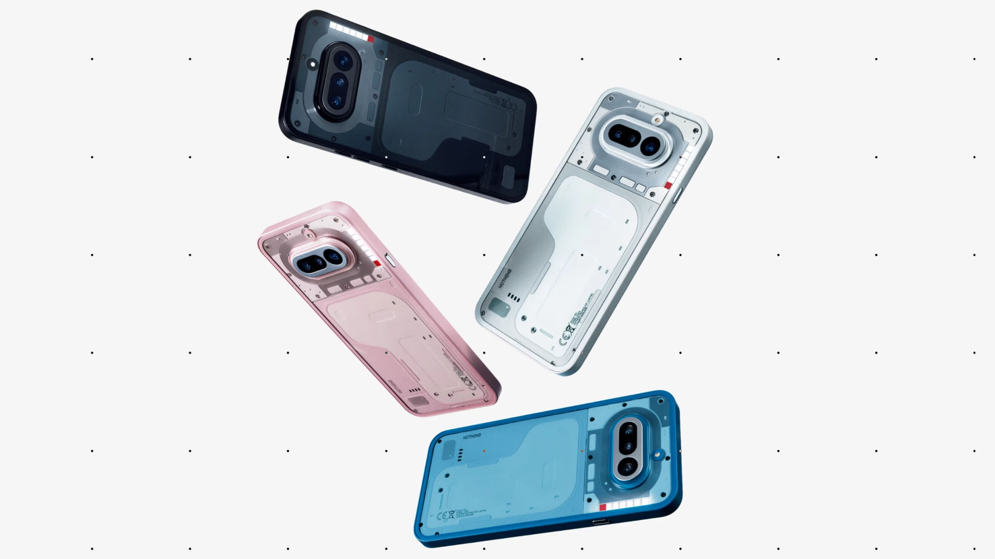Π§Π΅ΡΡΡΠ΅ ΡΠΌΠ°ΡΡΡΠΎΠ½Π° Nothing Phone (4a): ΡΠ΅ΡΠ½ΡΠΉ, ΡΠΎΠ·ΠΎΠ²ΡΠΉ, Π±Π΅Π»ΡΠΉ ΠΈ Π³ΠΎΠ»ΡΠ±ΠΎΠΉ.