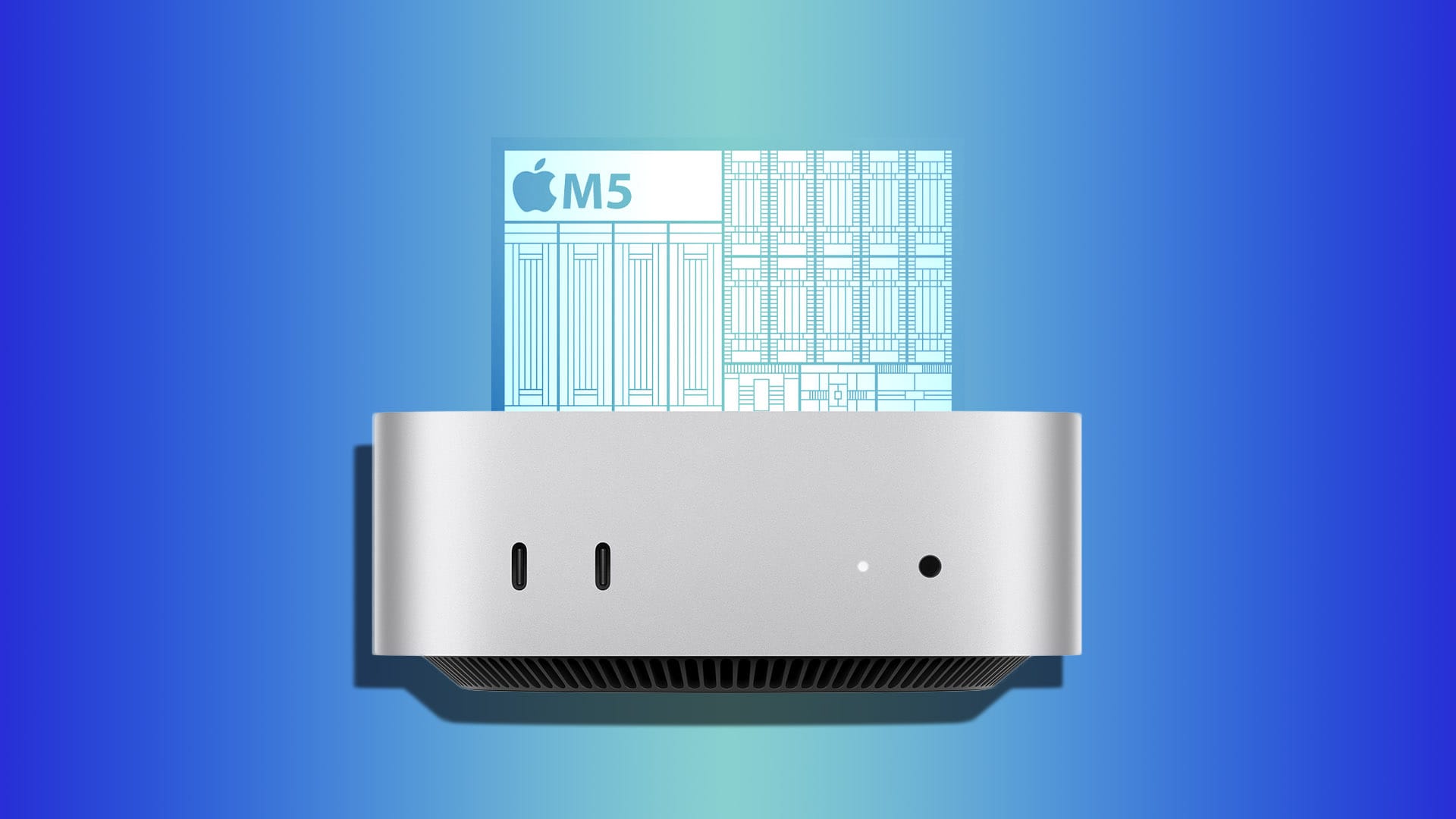 Π‘Π΅ΡΠ΅Π±ΡΠΈΡΡΡΠΉ Mac mini Ρ ΠΏΠΎΡΡΠ°ΠΌΠΈ ΠΈ Π²Π΅Π½ΡΠΈΠ»ΡΡΠΈΠ΅ΠΉ, Π½Π°Π΄ Π½ΠΈΠΌ ΡΡ
Π΅ΠΌΠ° ΡΠΈΠΏΠ° Apple M5.