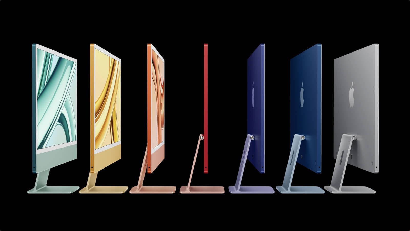 Π‘Π΅ΠΌΡ ΠΌΠΎΠ½ΠΎΠ±Π»ΠΎΠΊΠΎΠ² iMac ΡΠ°Π·Π½ΡΡ
ΡΠ²Π΅ΡΠΎΠ² Π½Π° ΡΠ΅ΡΠ½ΠΎΠΌ ΡΠΎΠ½Π΅.