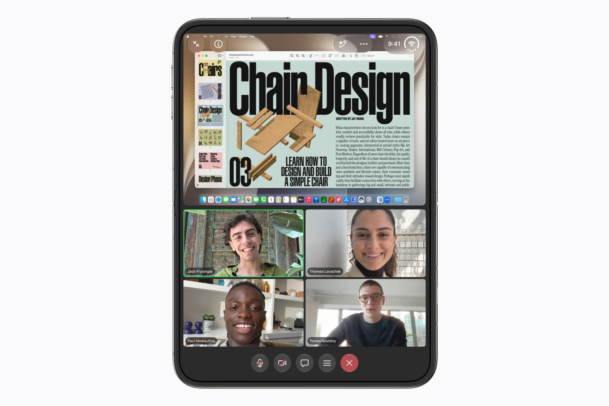 iPhone Duo ΡΠ°ΡΠΊΡΡΡ. ΠΠΊΡΠ°Π½: Π΄ΠΎΠΊΡΠΌΠ΅Π½Ρ Chair Design ΠΈ Π²ΠΈΠ΄Π΅ΠΎΠ·Π²ΠΎΠ½ΠΎΠΊ Ρ ΡΠ΅ΡΡΡΡΠΌΡ Π»ΡΠ΄ΡΠΌΠΈ.
